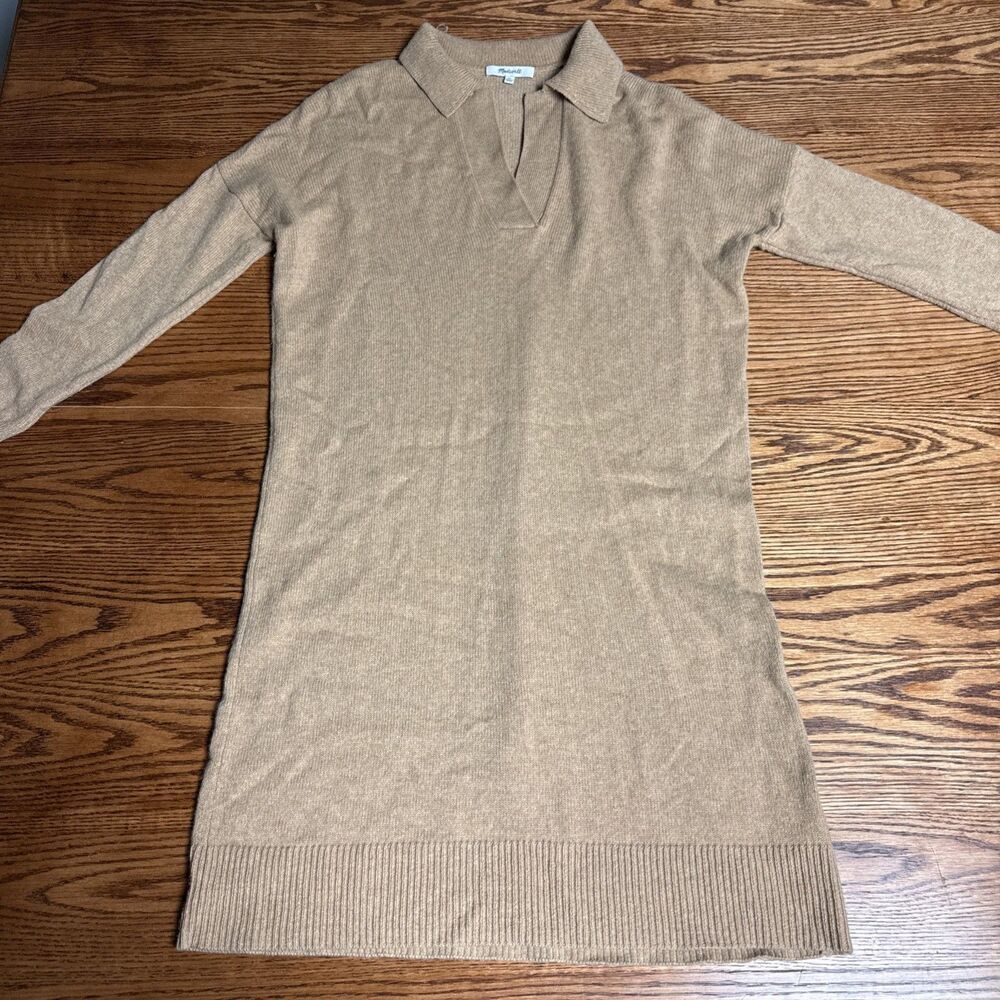 Madewell Wool Blend Long Sleeve V-Neck Sweater Mini Dress Tan Size Extra Small